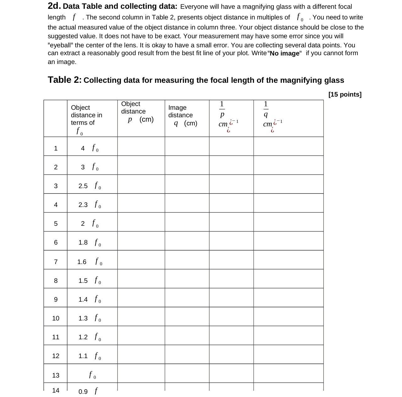  2d. Data Table and collecting data: Everyone will have a magnifying