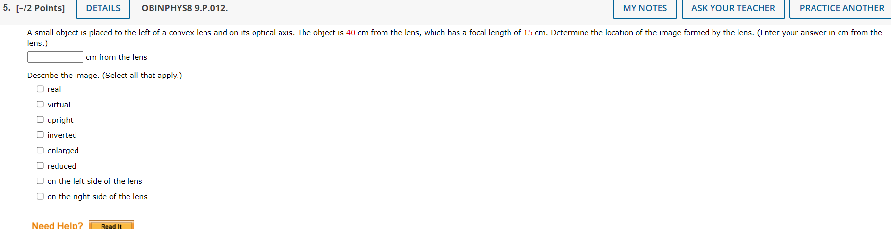  5. [-/2 Points] DETAILS OBINPHYS8 9.P.012. MY NOTES ASK YOUR TEACHER