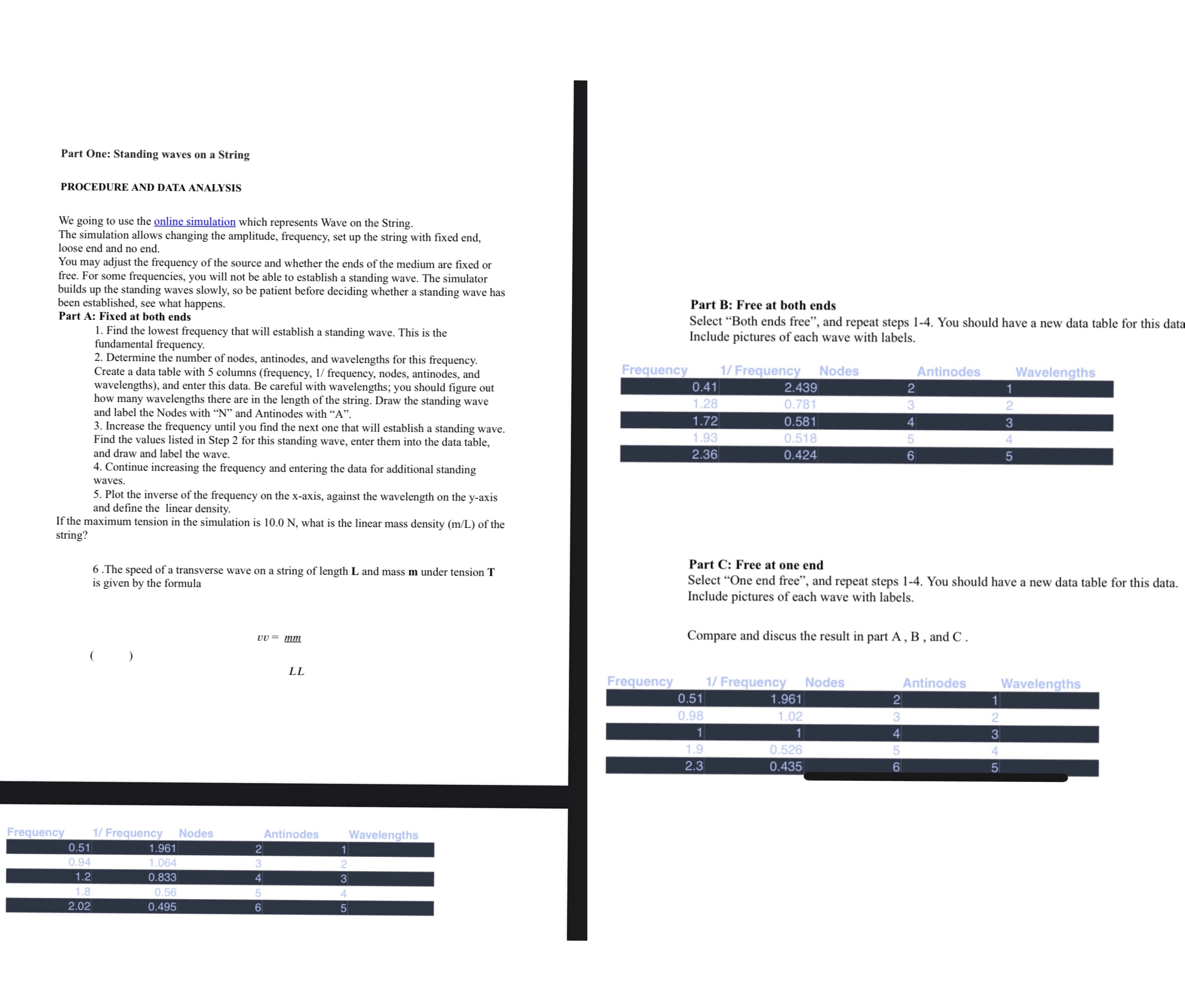Part One: Standing waves on a String PROCEDURE AND DATA ANALYSIS