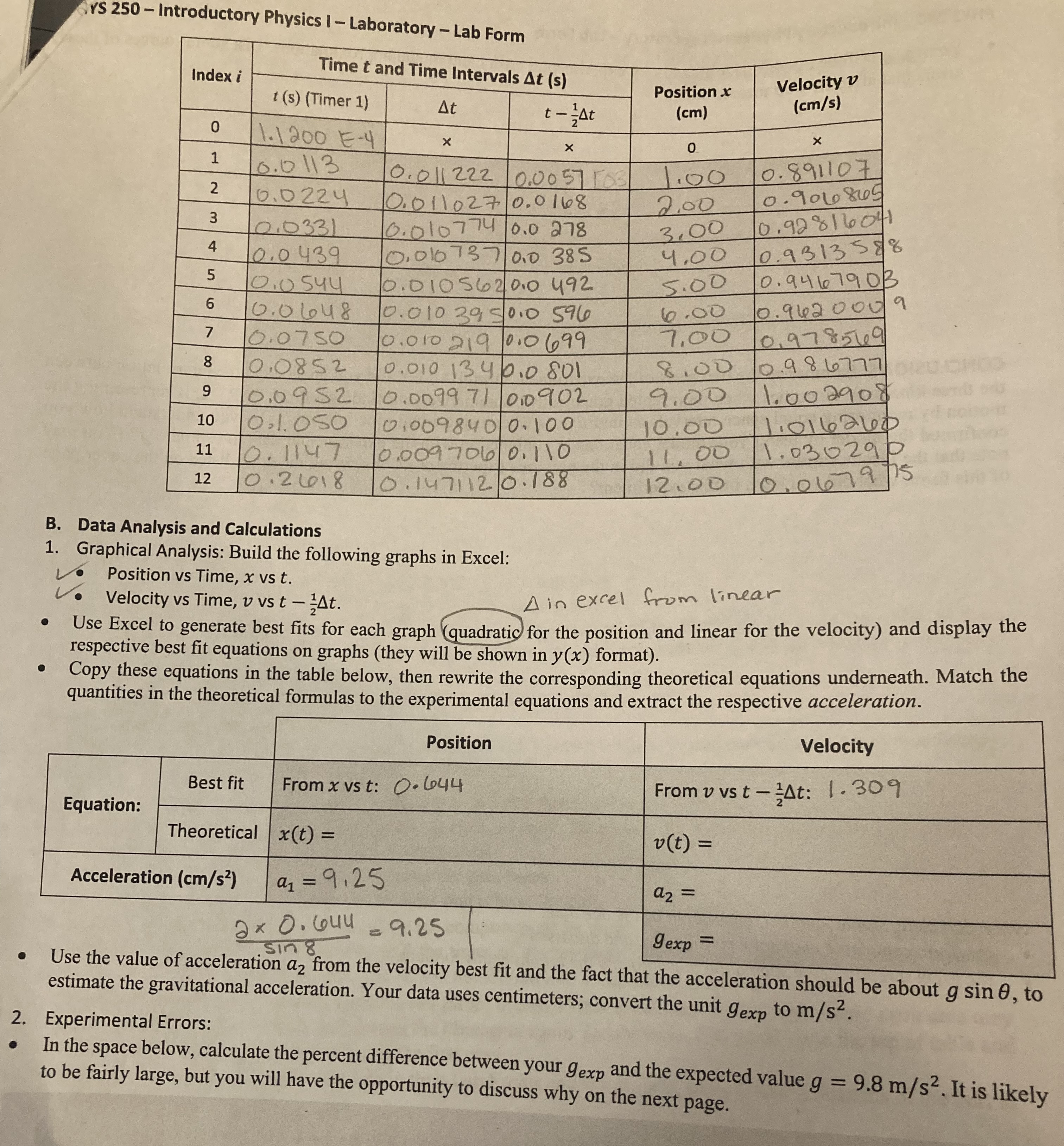 YS 250 - Introductory Physics I - Laboratory - Lab Form