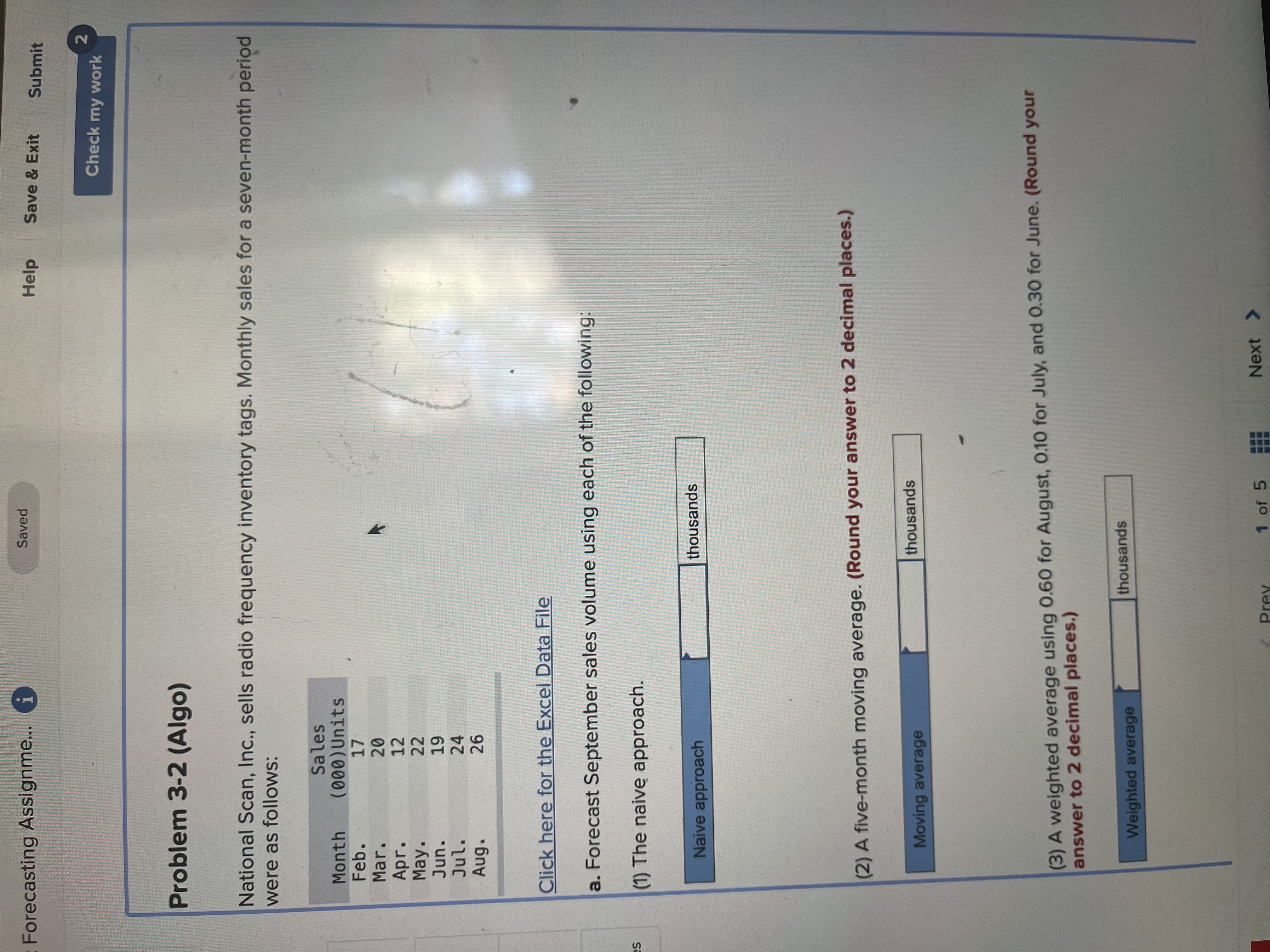 Forecasting Assignme... Saved Help Save & Exit Submit Check my work