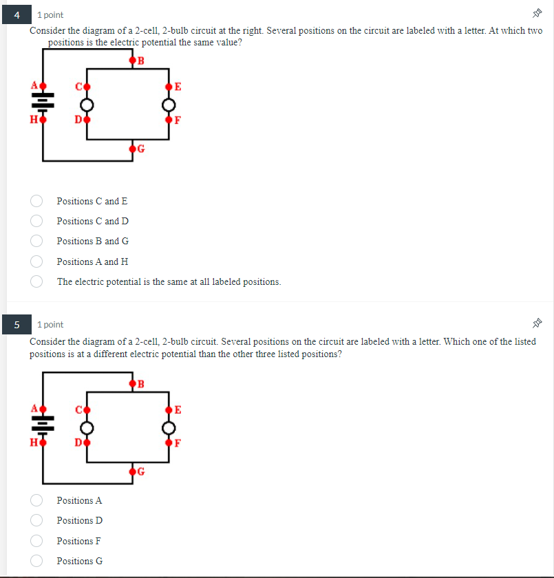diagram. The two light bulbs are identical. Several points are labeled around