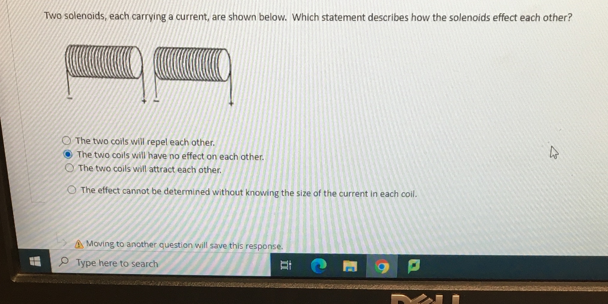 Two solenoids, each carrying a current, are shown below. Which statement