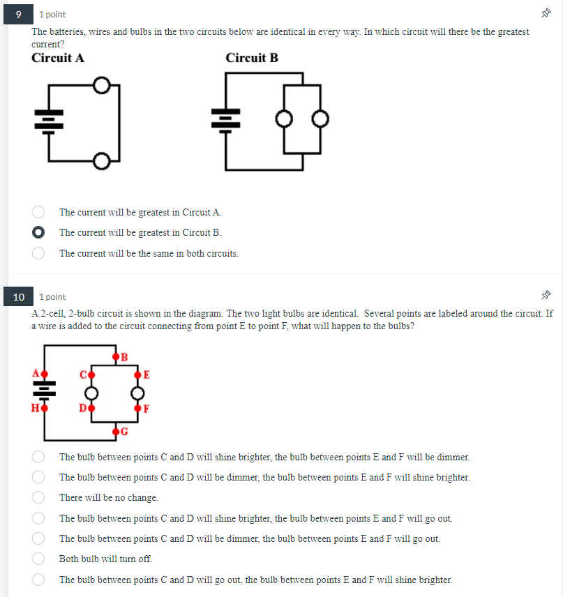 the circuit. How do the currents at point B and point D