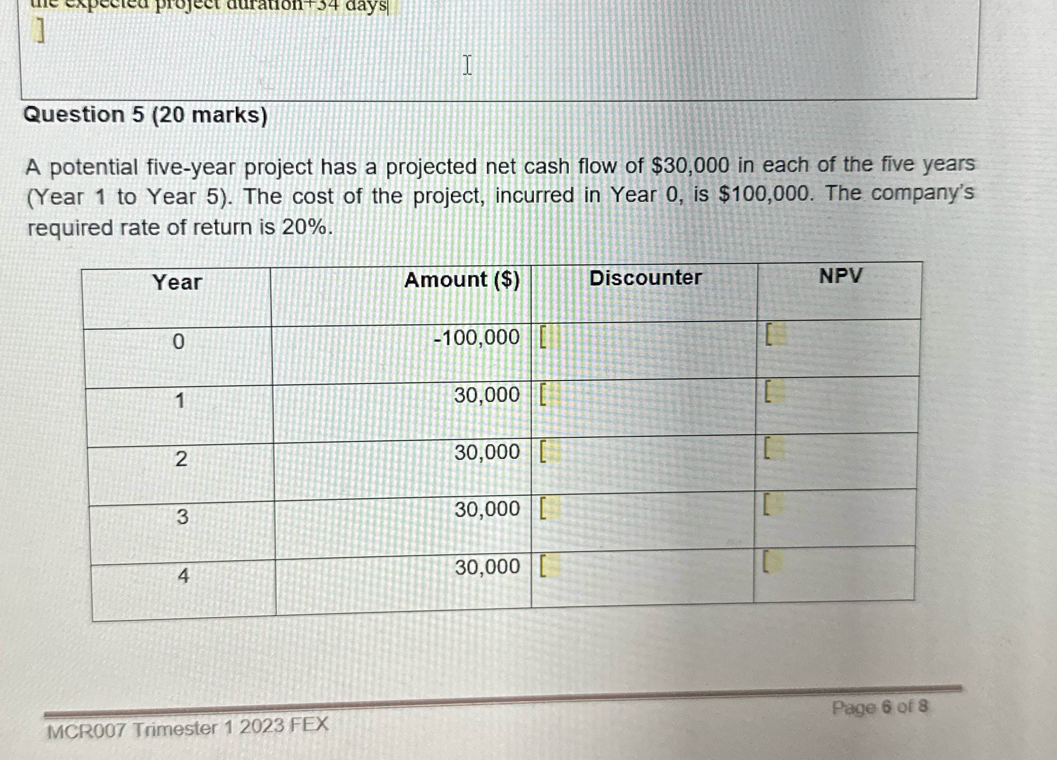 Solve this question please uration 54 days I Question 5 (20 marks)