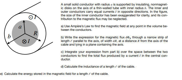  A small solid conductor with radius a is supported by insulating,