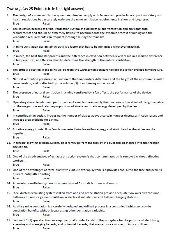 2. True True True True True or false: 25 Points (circle