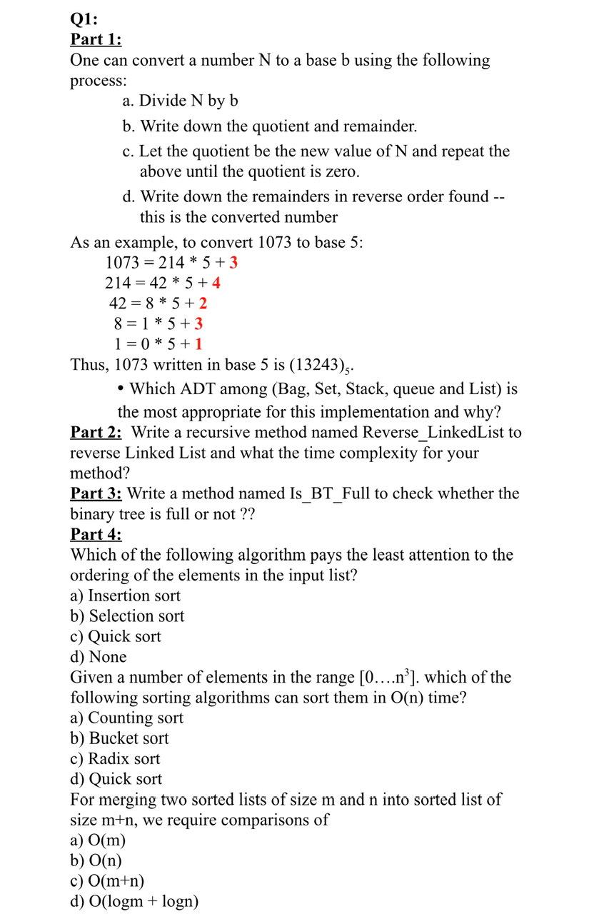 code in Java Q1: Part 1: One can convert a number N