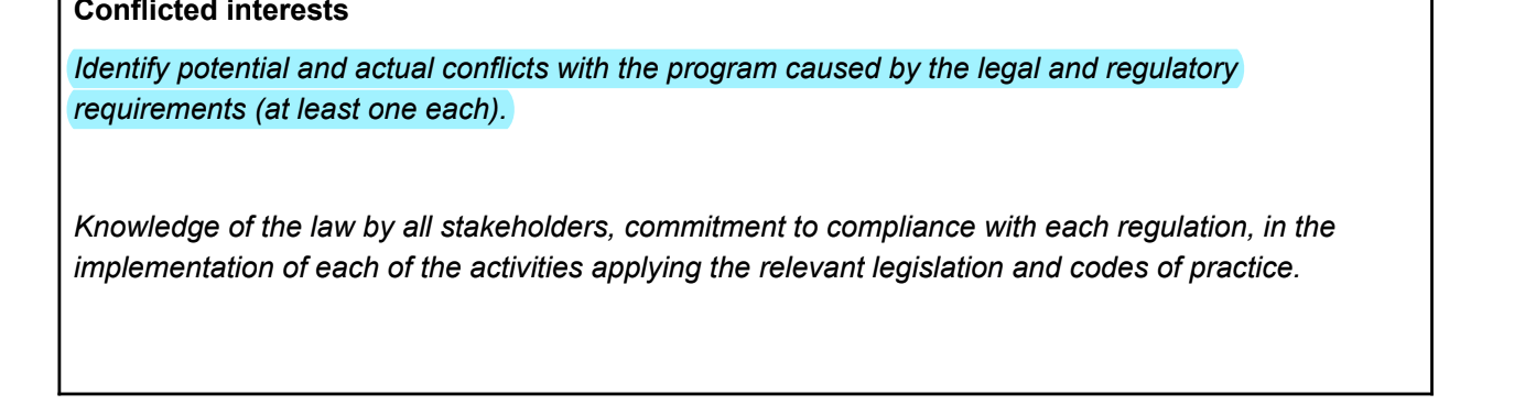  Conflicted interests Identify potential and actual conflicts with the program caused