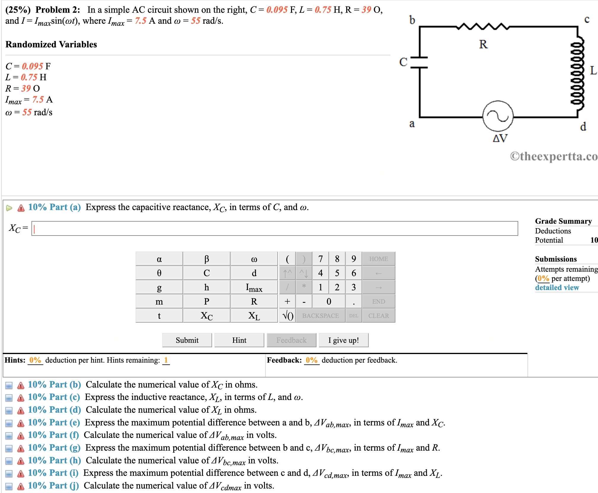  (25%) Problem 2: In a simple AC circuit shown on the