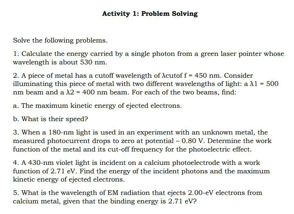 Activity 1: Problem Solving Solve the following problems. 1. Calculate the