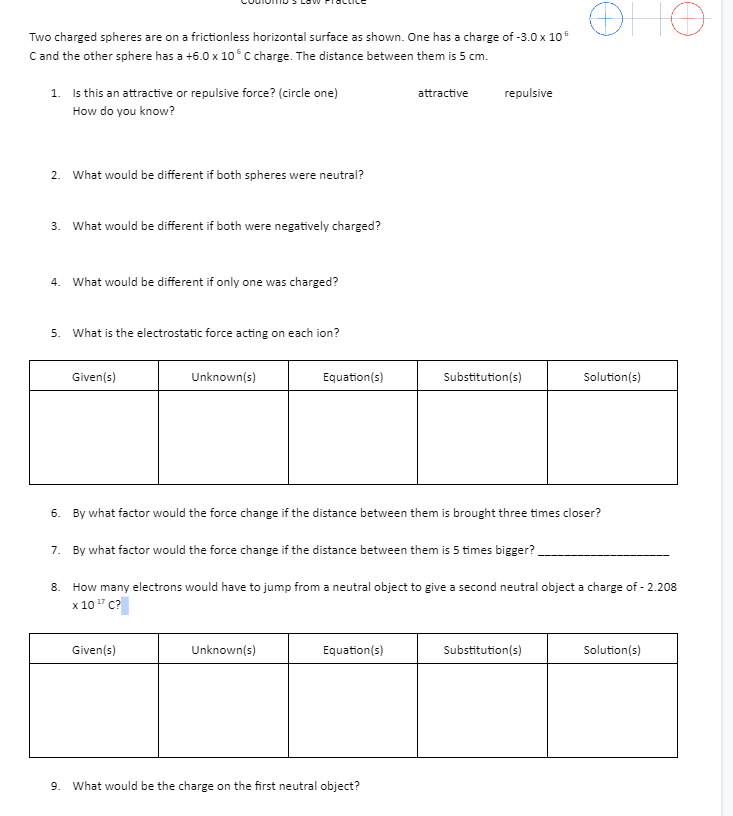  Two charged spheres are on a frictionless horizontal surface as shown.