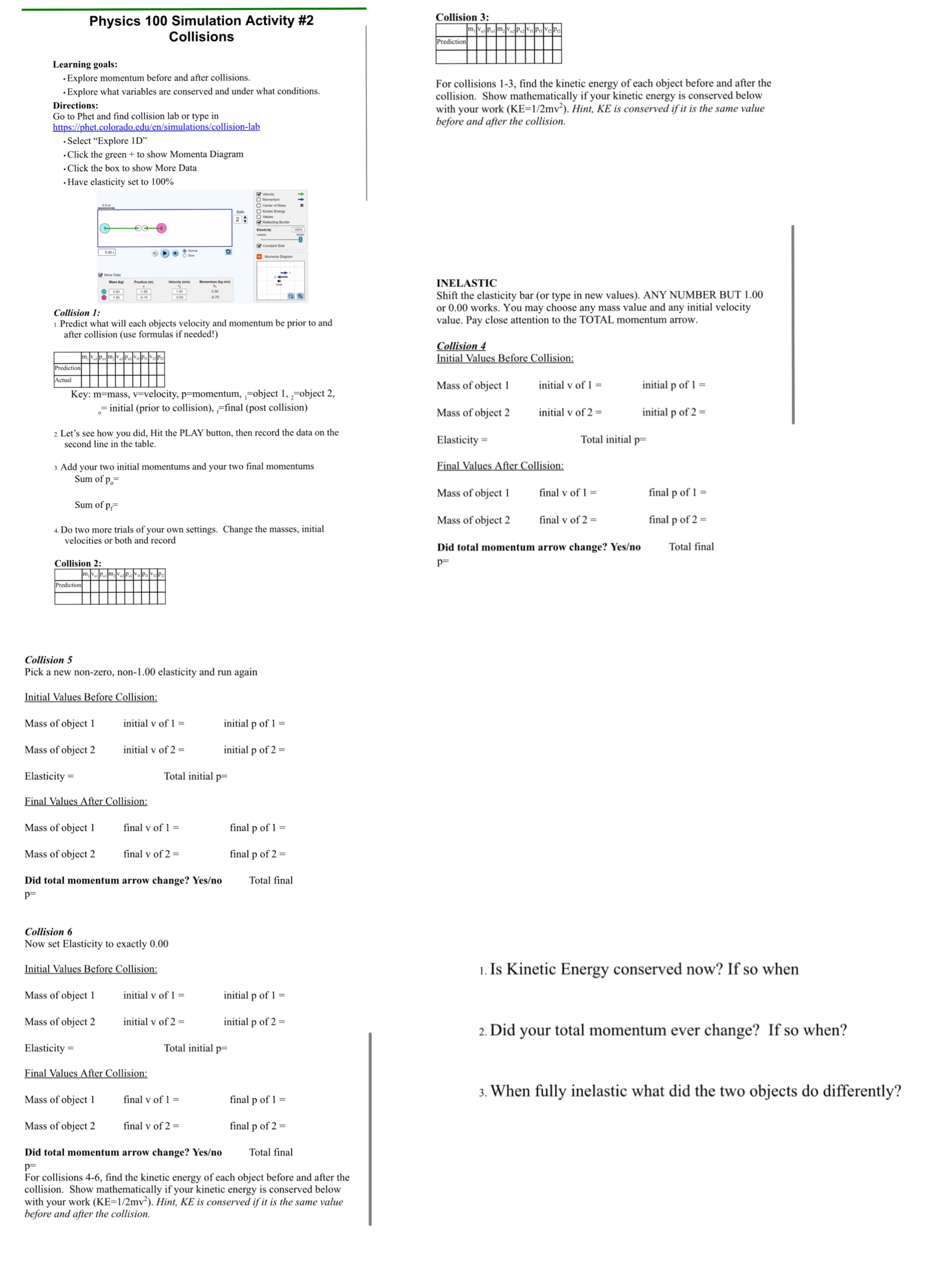 Can some one help me please? Physics 100 Simulation Activity #2 Collision
