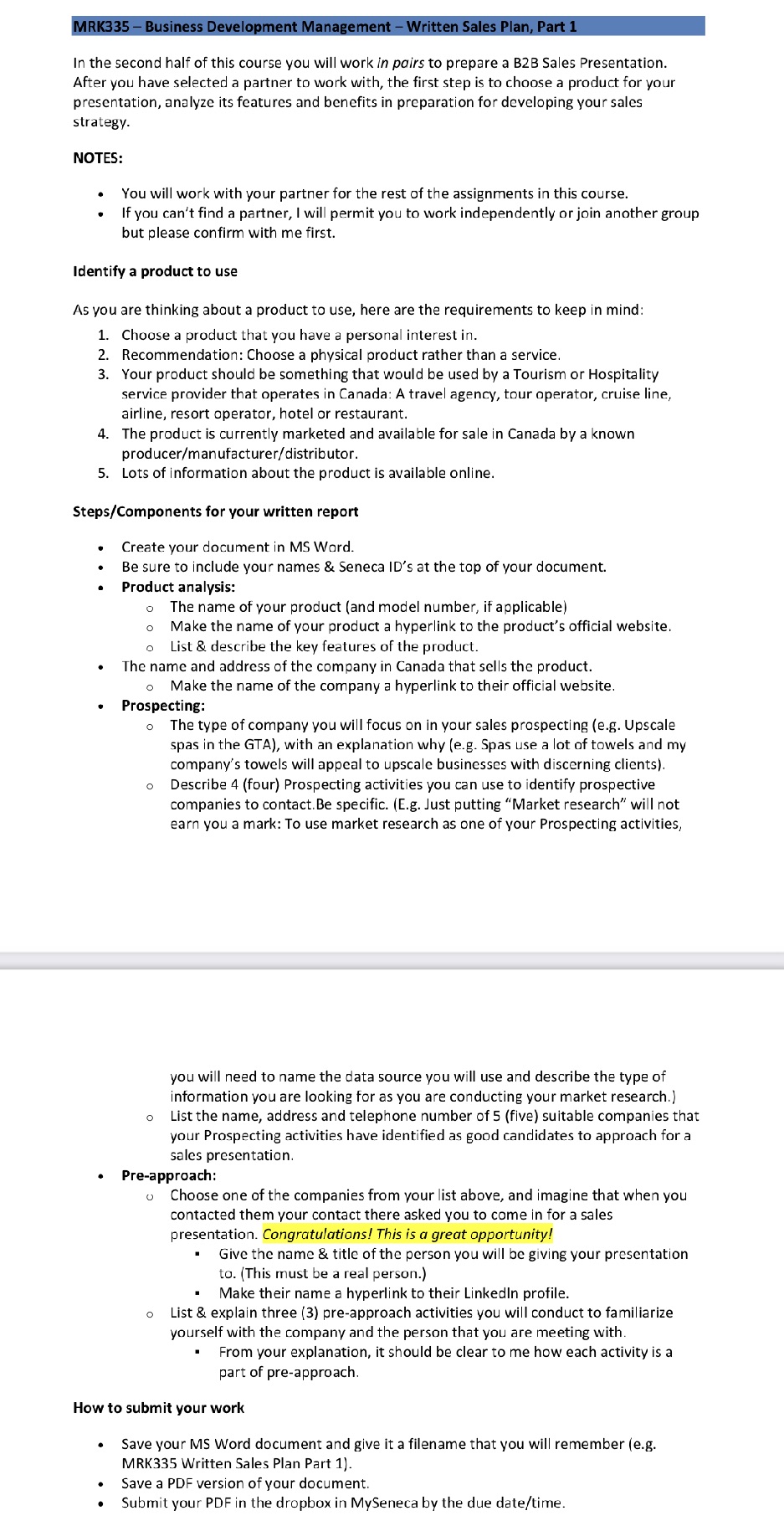 MRK335 - Business Development Management - Written Sales Plan, Part 1
