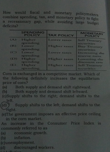 write a letter to the correct answer How would fiscal and monetary