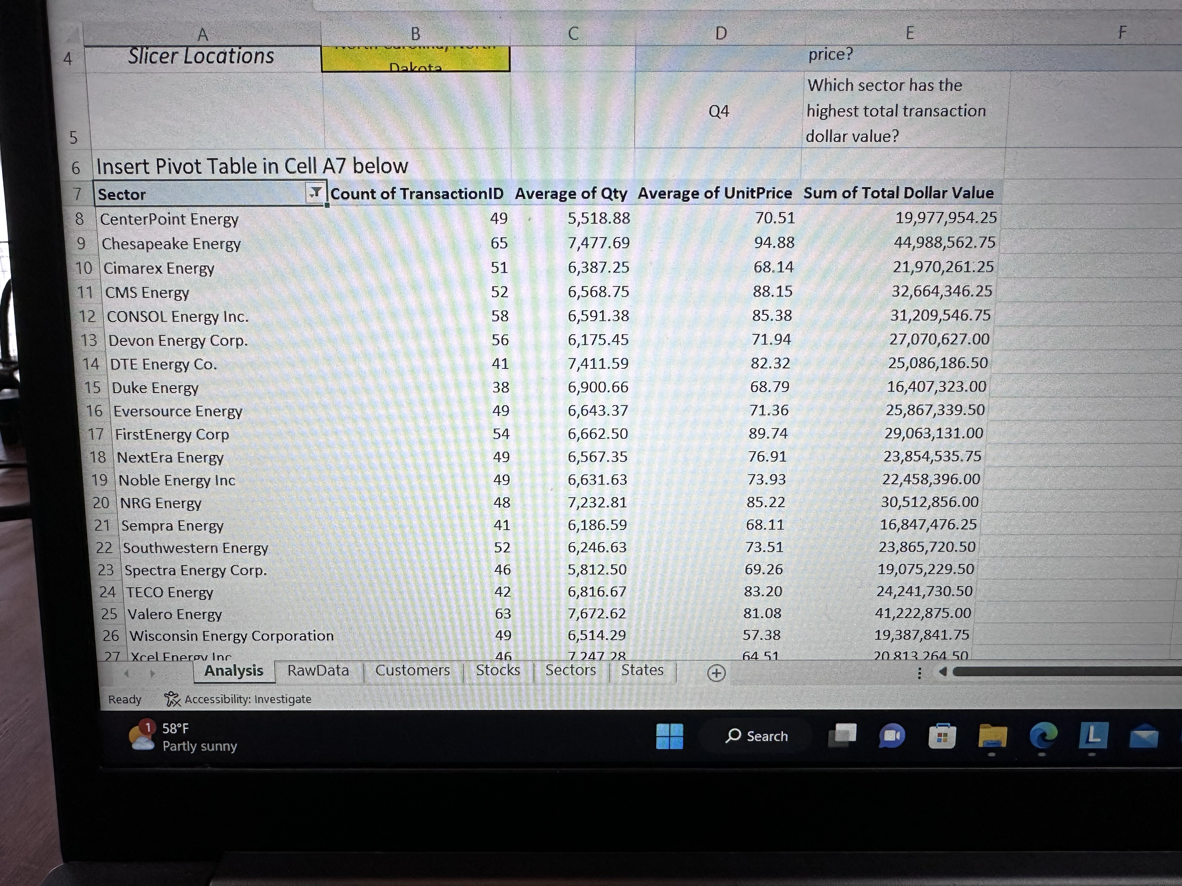 create on a column 5 rows of 5 different sectors... ex) energy,