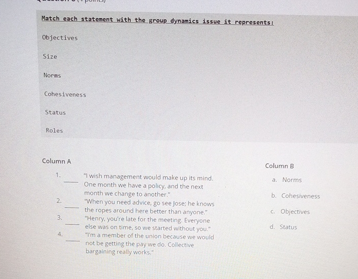  Match each statement with the group dynamics issue it represents: Objectives