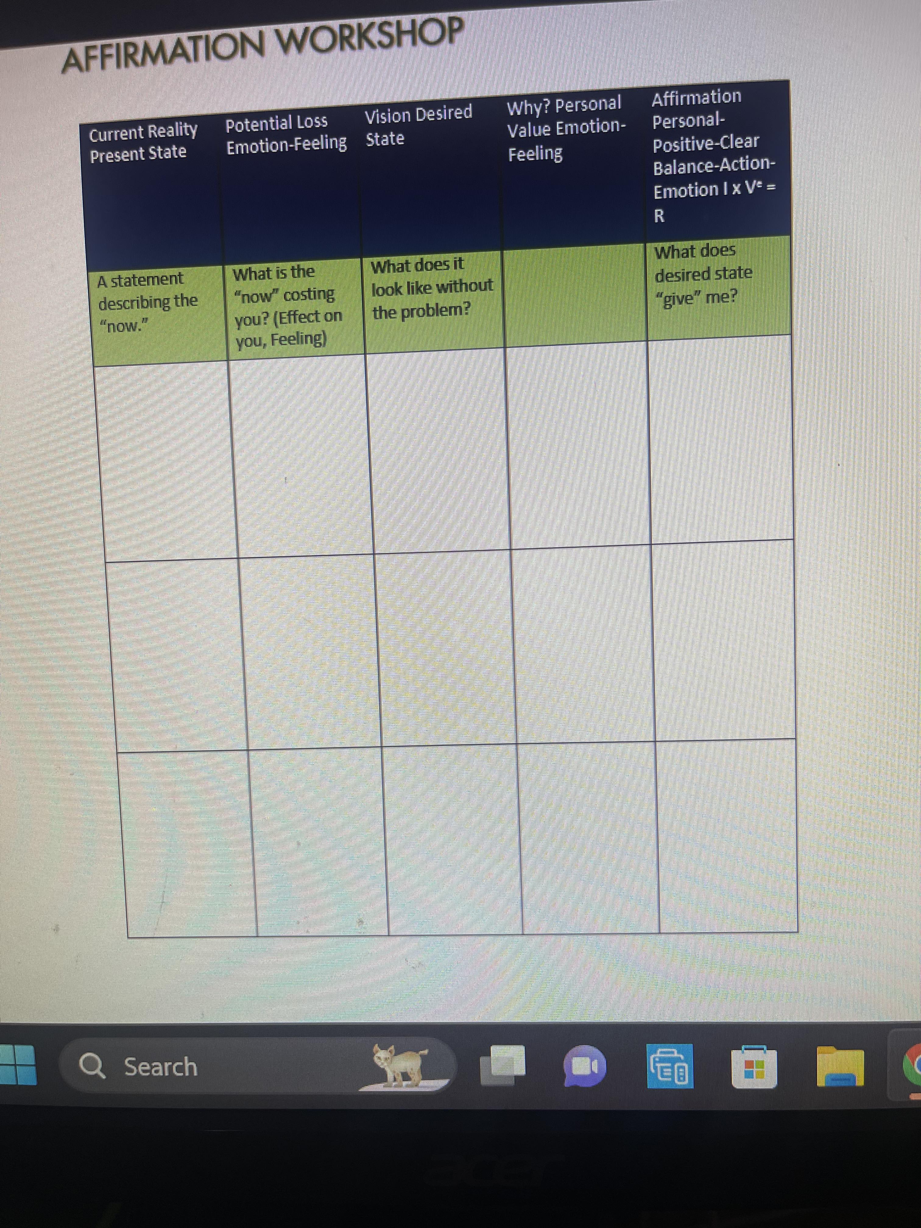  AFFIRMATION WORKSHOP Current Reality Potential Loss Vision Desired Why? Personal Affirmation