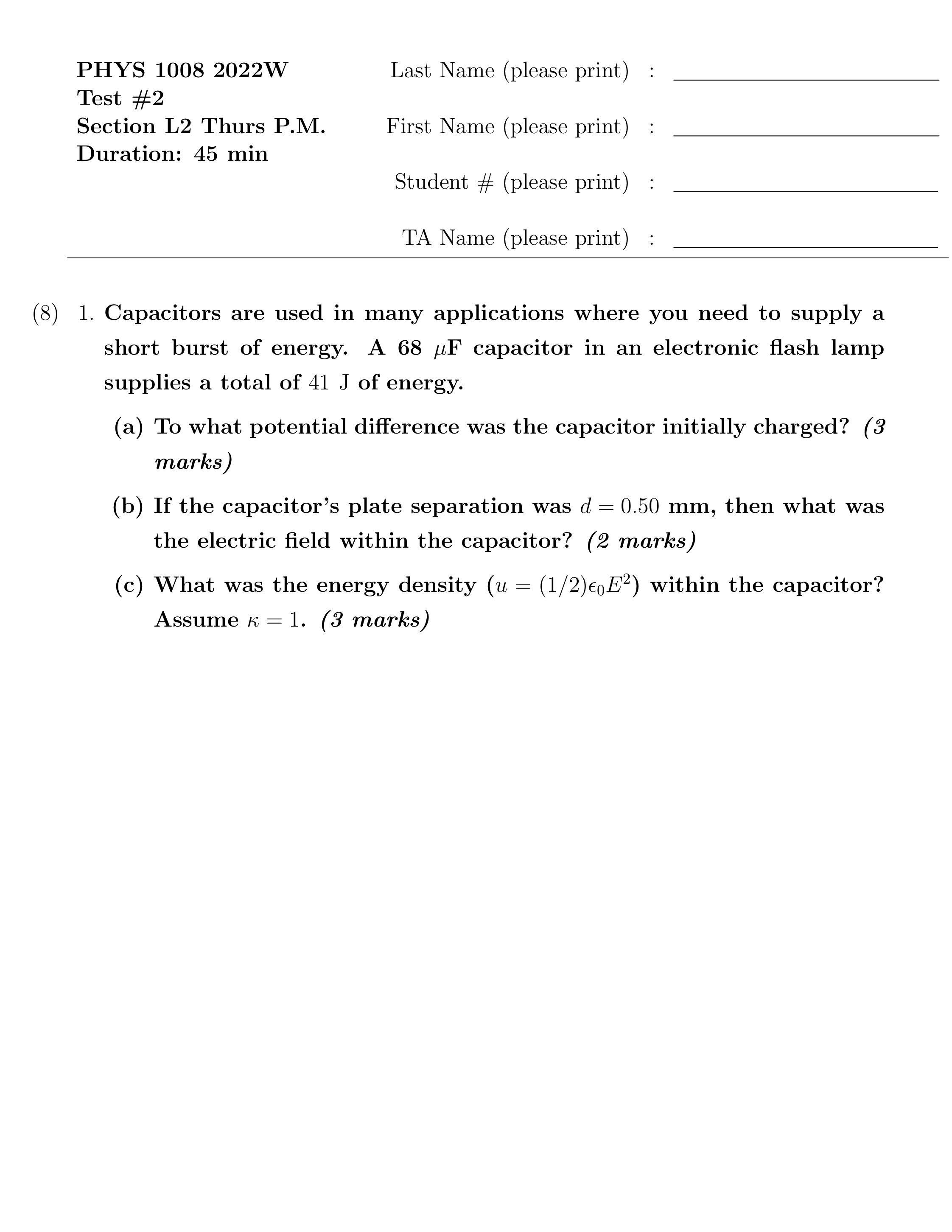 PHYS 1008 2022W Last Name (please print) Test #2 Section L2