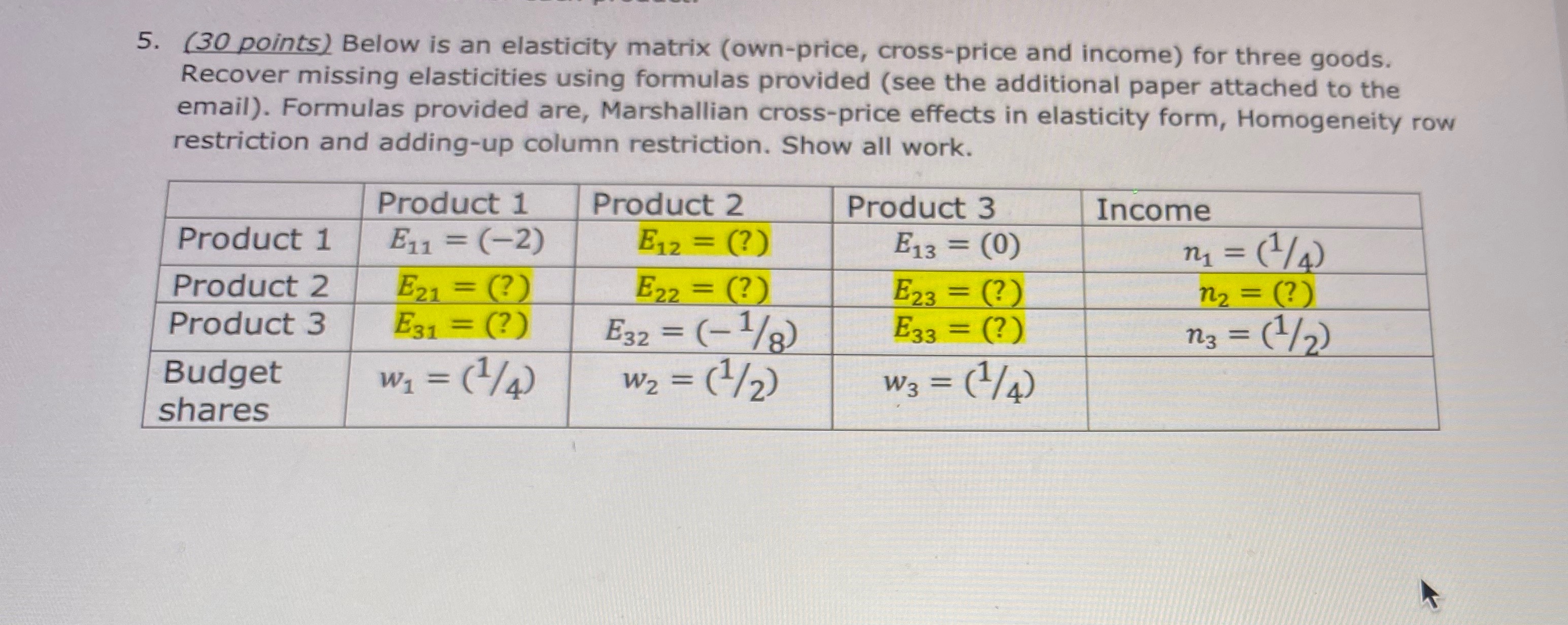 Please see attached image 5. (30 points) Below is an elasticity matrix