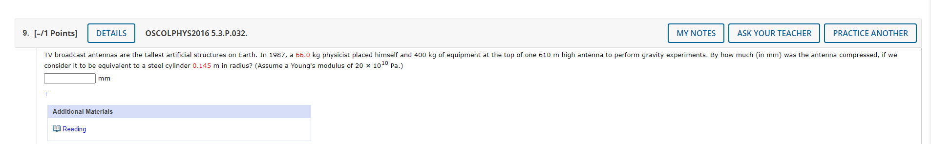  9. [-/1 Points] DETAILS OSCOLPHYS2016 5.3.P.032. MY NOTES ASK YOUR TEACHER