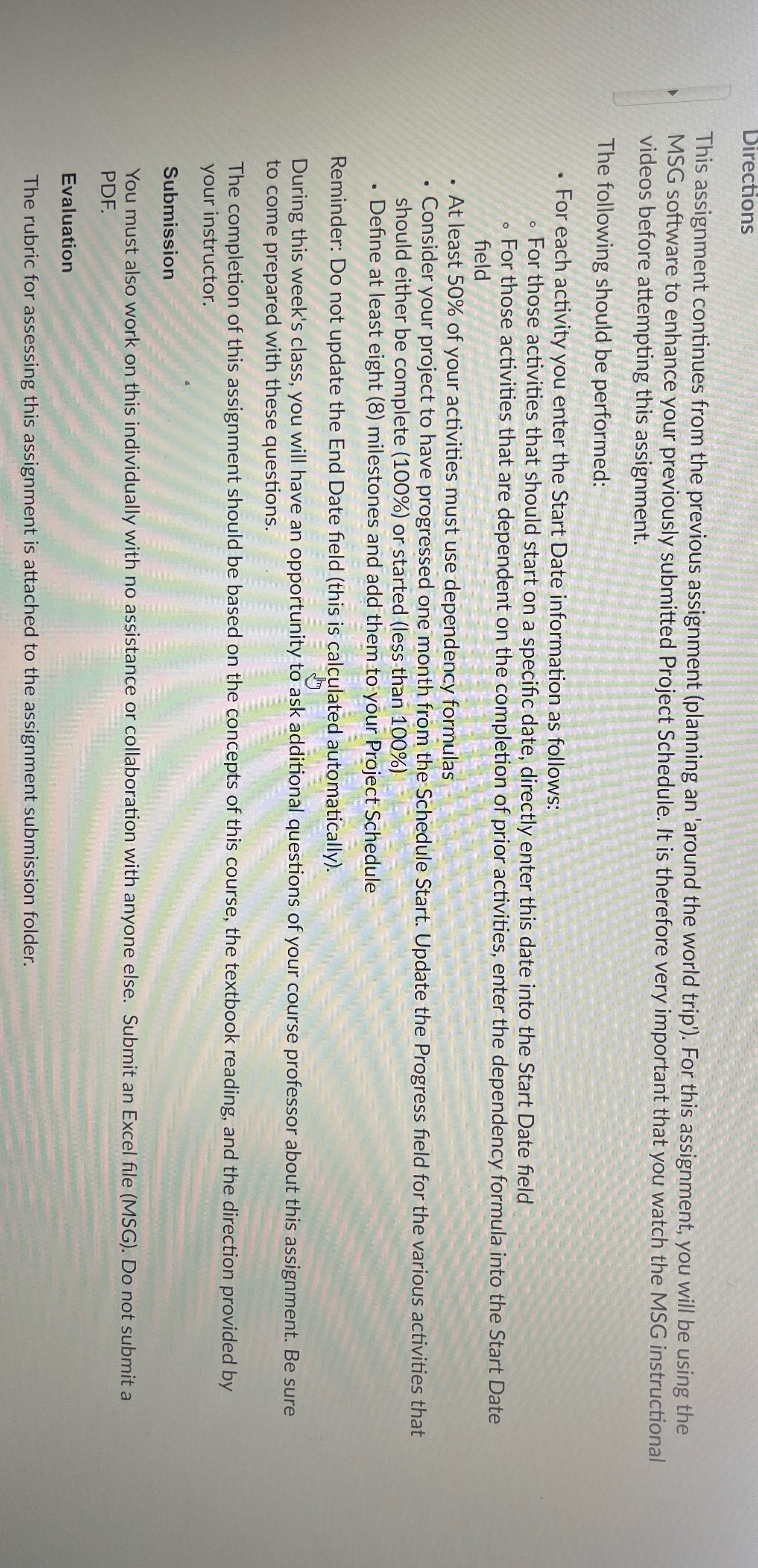 Directions This assignment continues from the previous assignment (planning an 'around