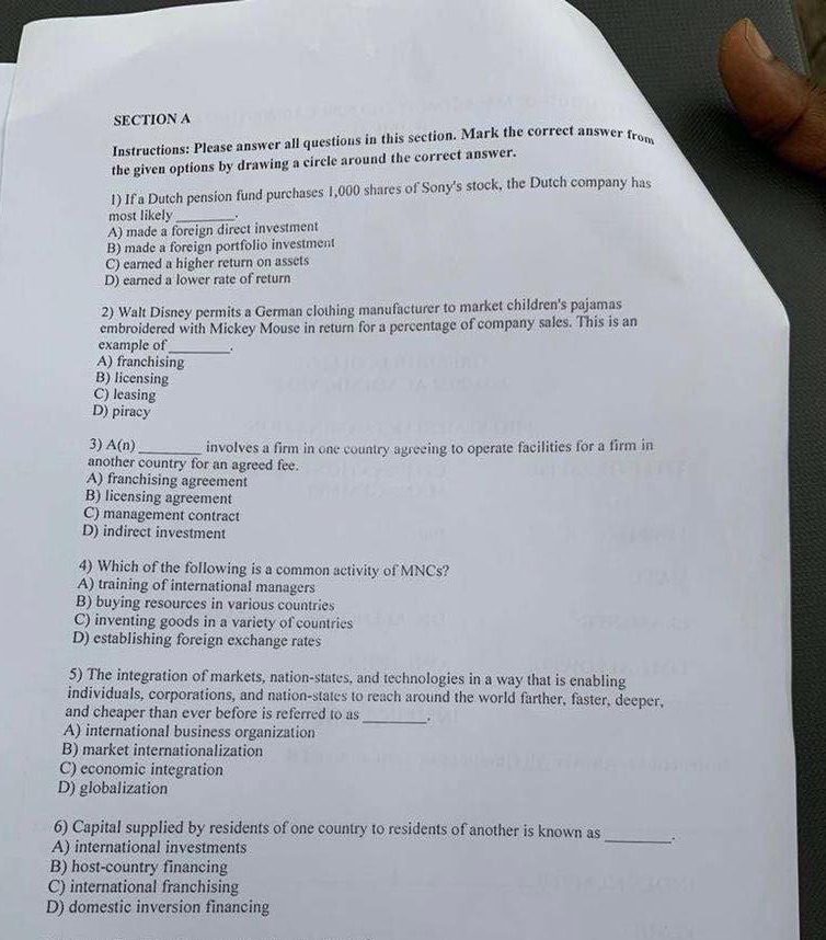 SECTION A Instructions: Please answer all questions in this section. Mark