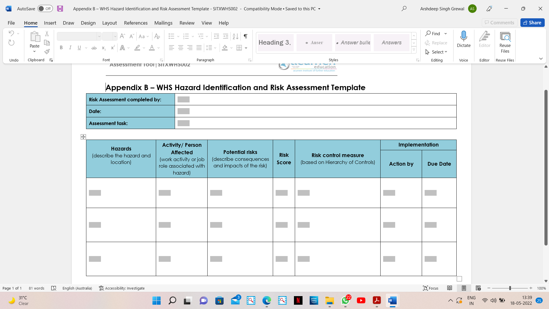  W AutoSave Off Appendix B - WHS Hazard Identification and Risk