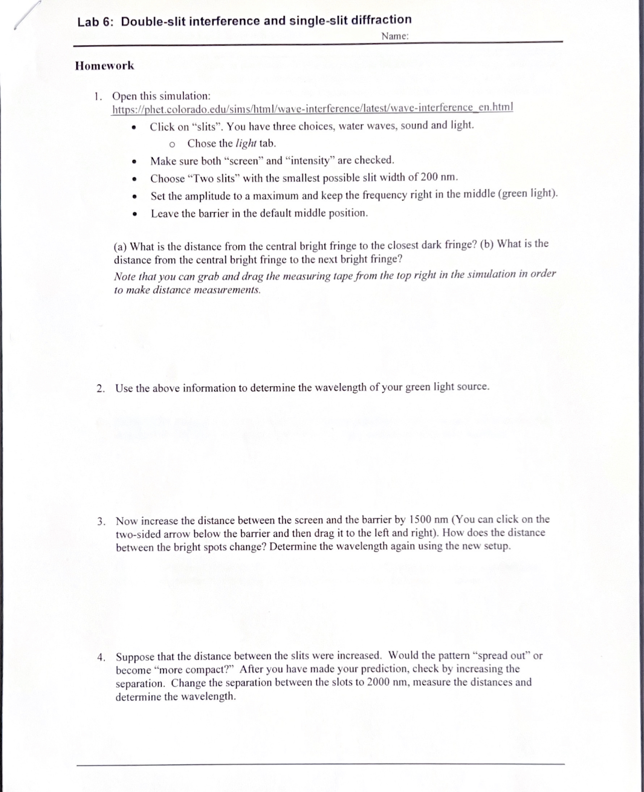  I.' r / Lab 6: Double-slit interference and single-slit diffraction Name: