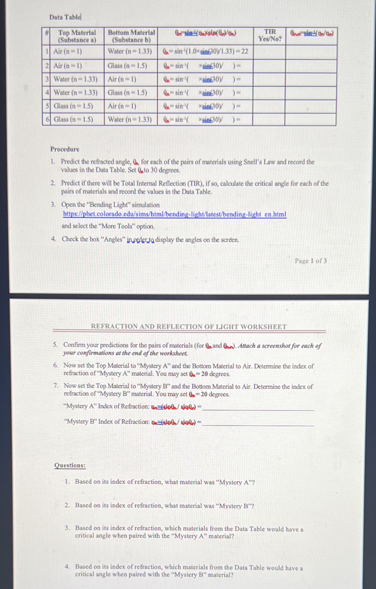 Data Table Top Material Bottom Material TIR (Substance a) (Substance b)