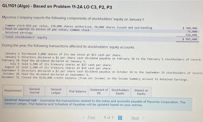  GL1101 (Algo). Based on Problem 11-2A LO C3, P2, P3 Myconos