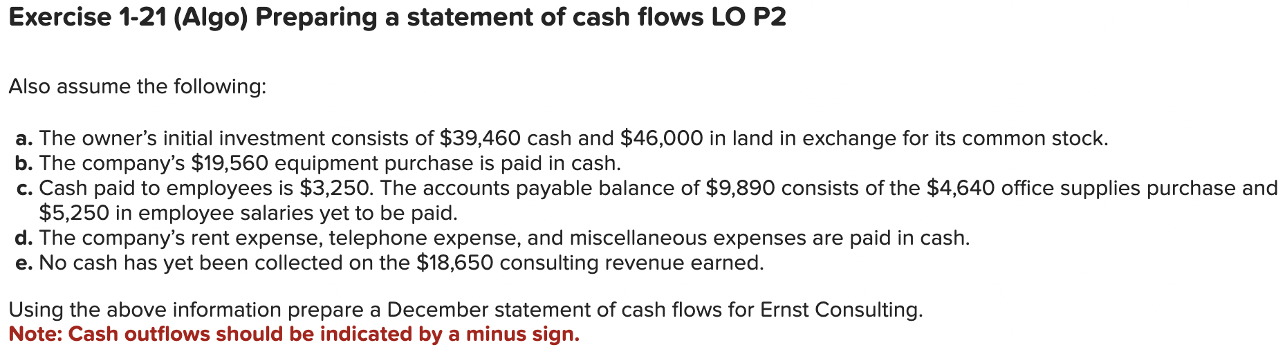  Exercise 1-18 Preparing a statement of cash flows LO P2 Also