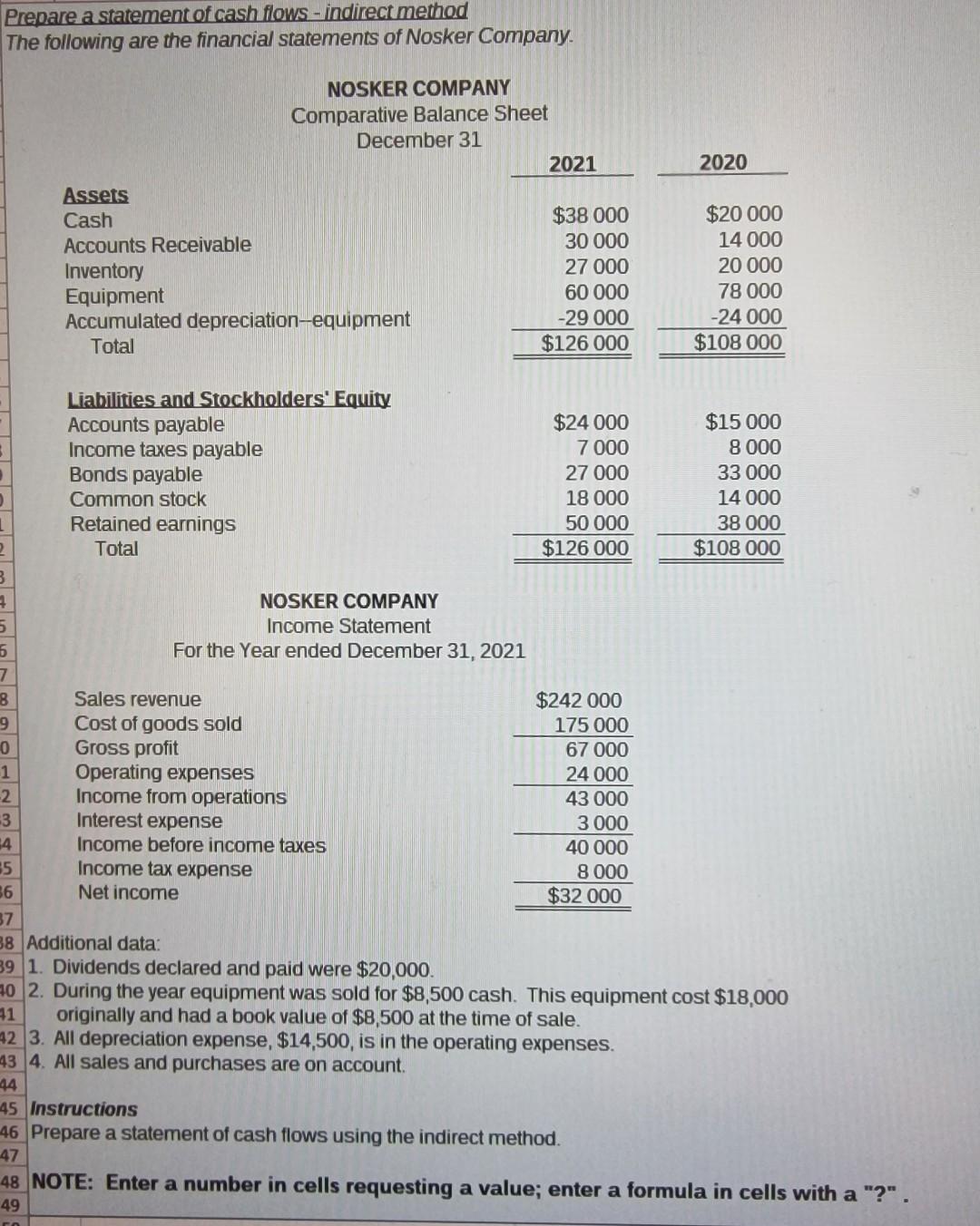 Prepare a statement of cash flows - indirect method The following