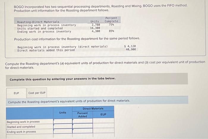  BOGO Incorporated has two sequential processing departments, Roasting and Mixing. BOGO