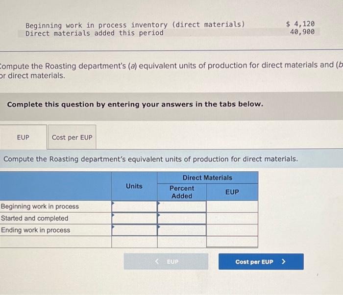uses the FIFO method. Production unit information for the Roasting department follows.