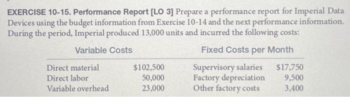  EXERCISE 10-15. Performance Report [LO 3] Prepare a performance report for