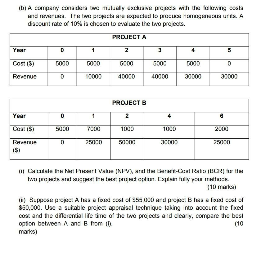  (b) A company considers two mutually exclusive projects with the following