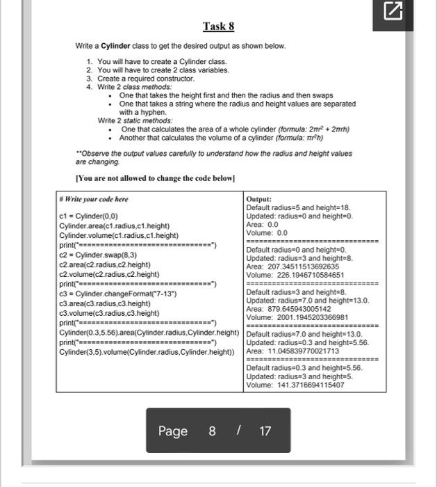  Task 8 Write a Cylinder class to get the desired output