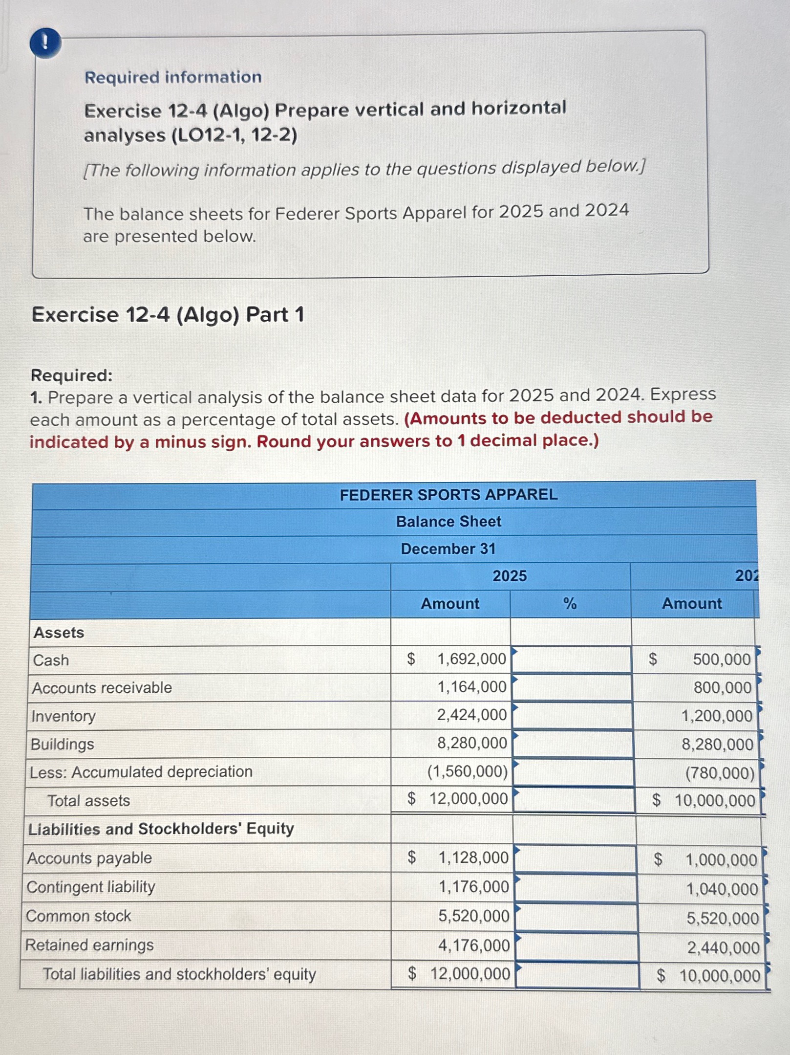  Required information Exercise 12-4(Algo) Prepare vertical and horizontal analyses (LO12-1,12-2) [The