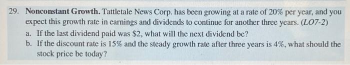  please write out equations for each answer! 29. Nonconstant Growth. Tattletale