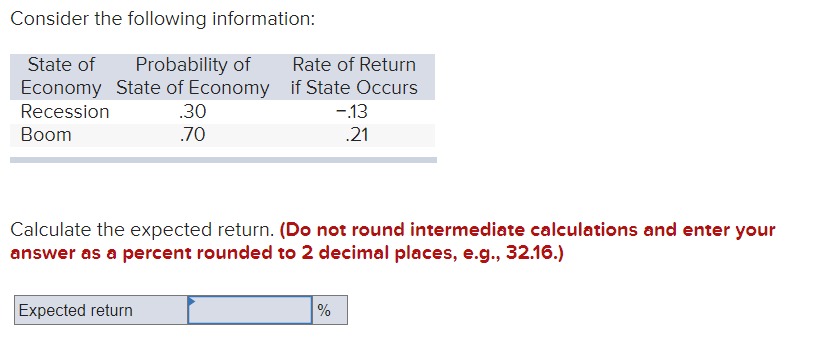  Consider the following information: Calculate the expected return. (Do not round