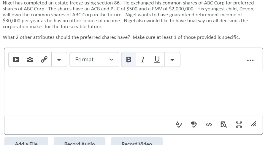 Question: Nigel has completed an estate freeze using section 86. He exchanged