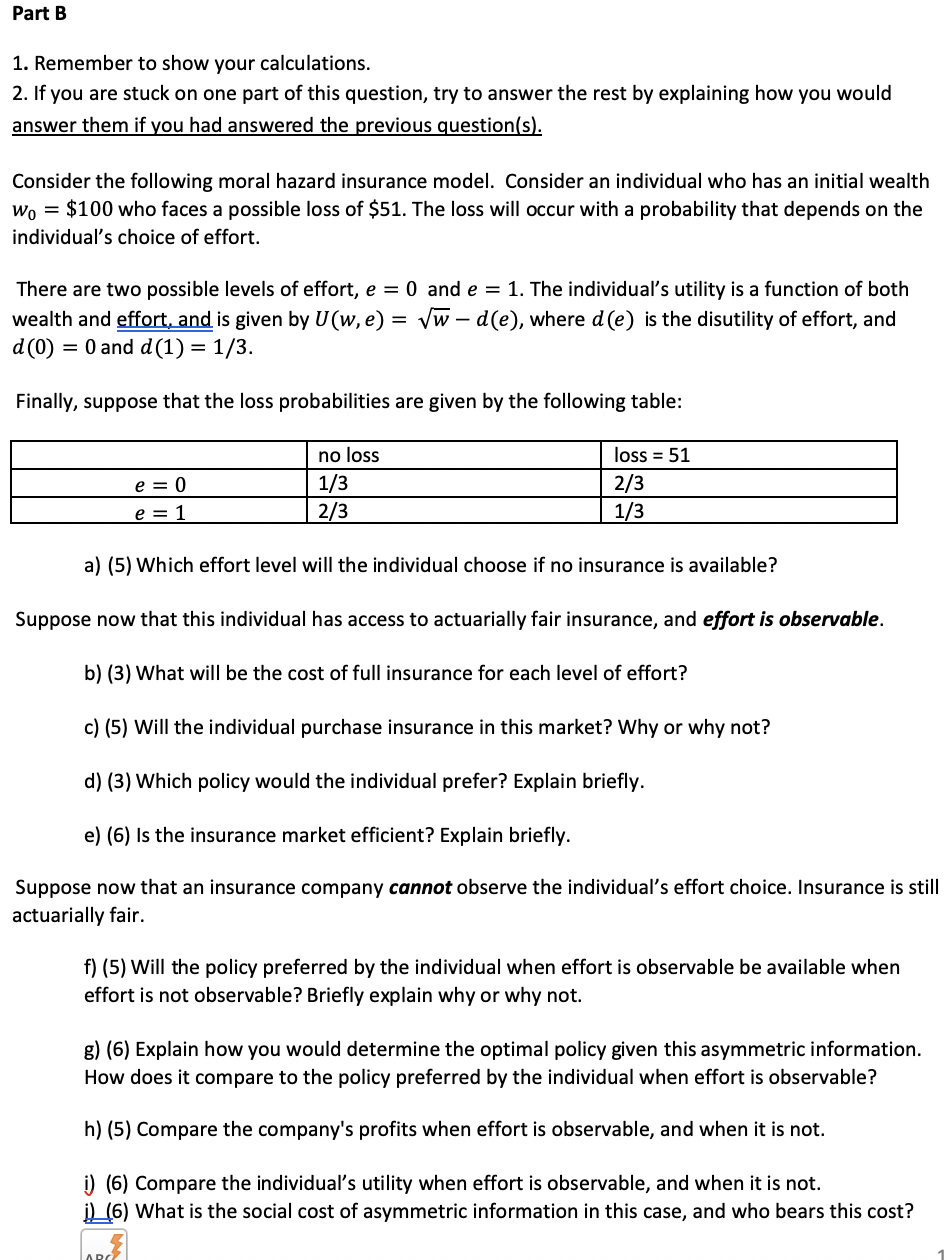 Please help in questions e-j Part B 1. Remember to show your