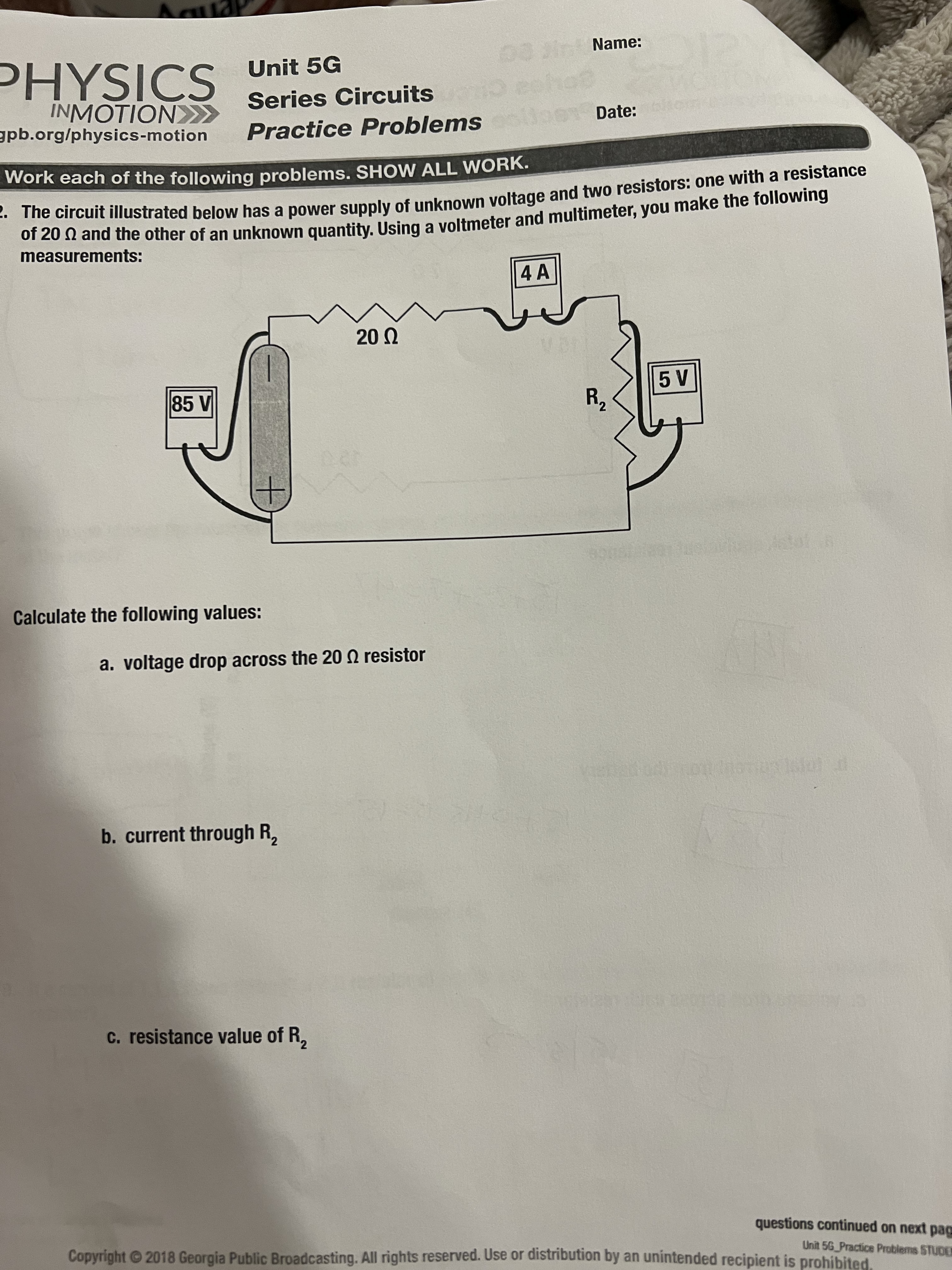 Name: PHYSICS Unit 5G INMOTION> > Series Circuits Practice Problems Date: