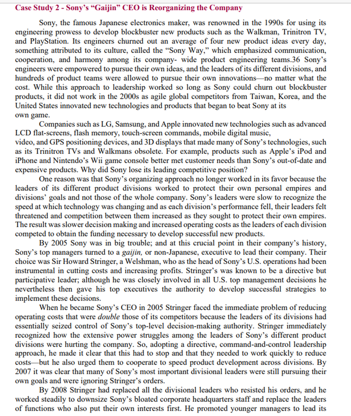 Case Study 2 - Sony's \"Gaijin\" CEO is Reorganizing the Company