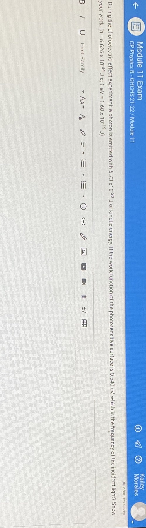  Module 11 Exam Kailey CP Physics B - GHCHS 21-22 /