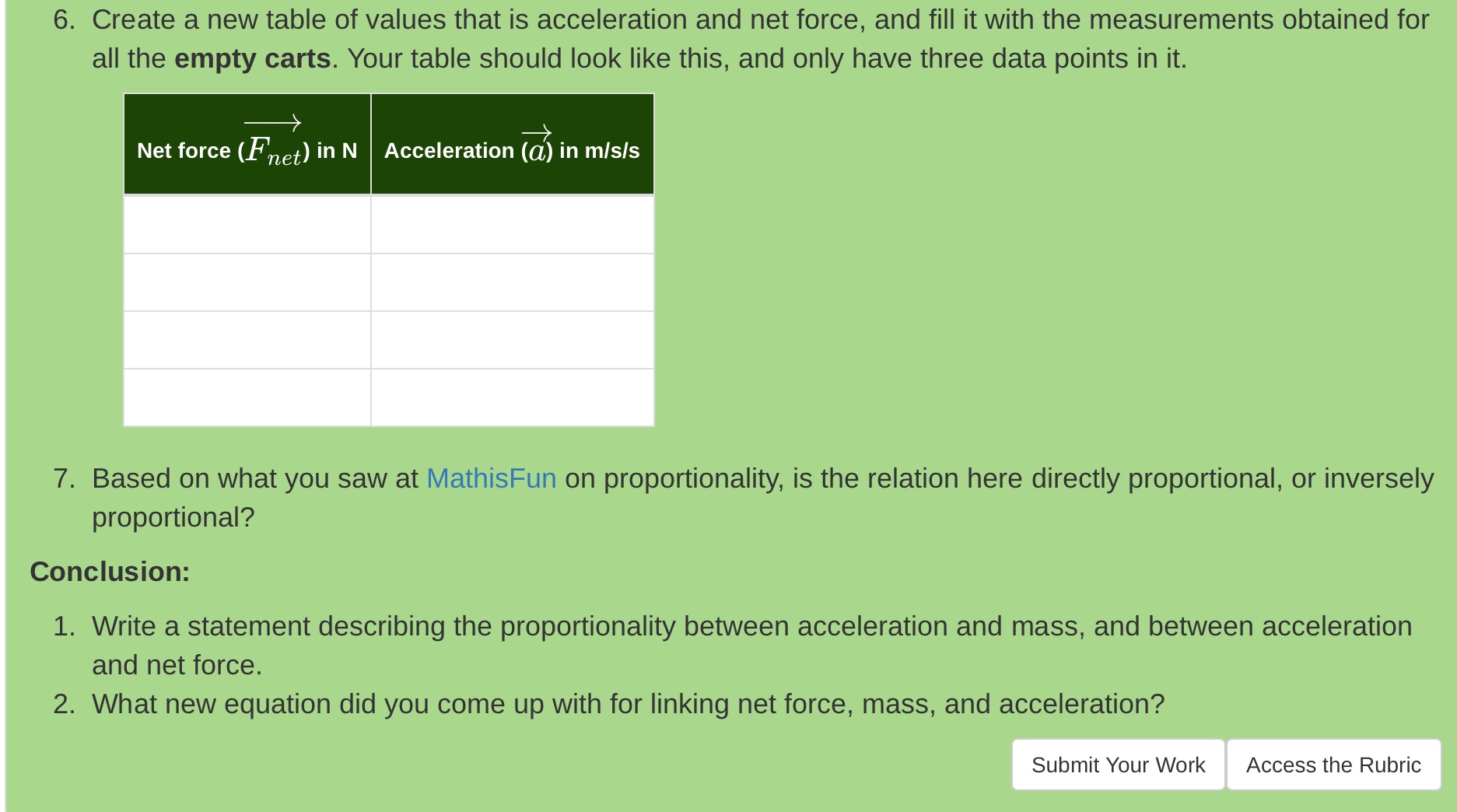  6. Create a new table of values that is acceleration and