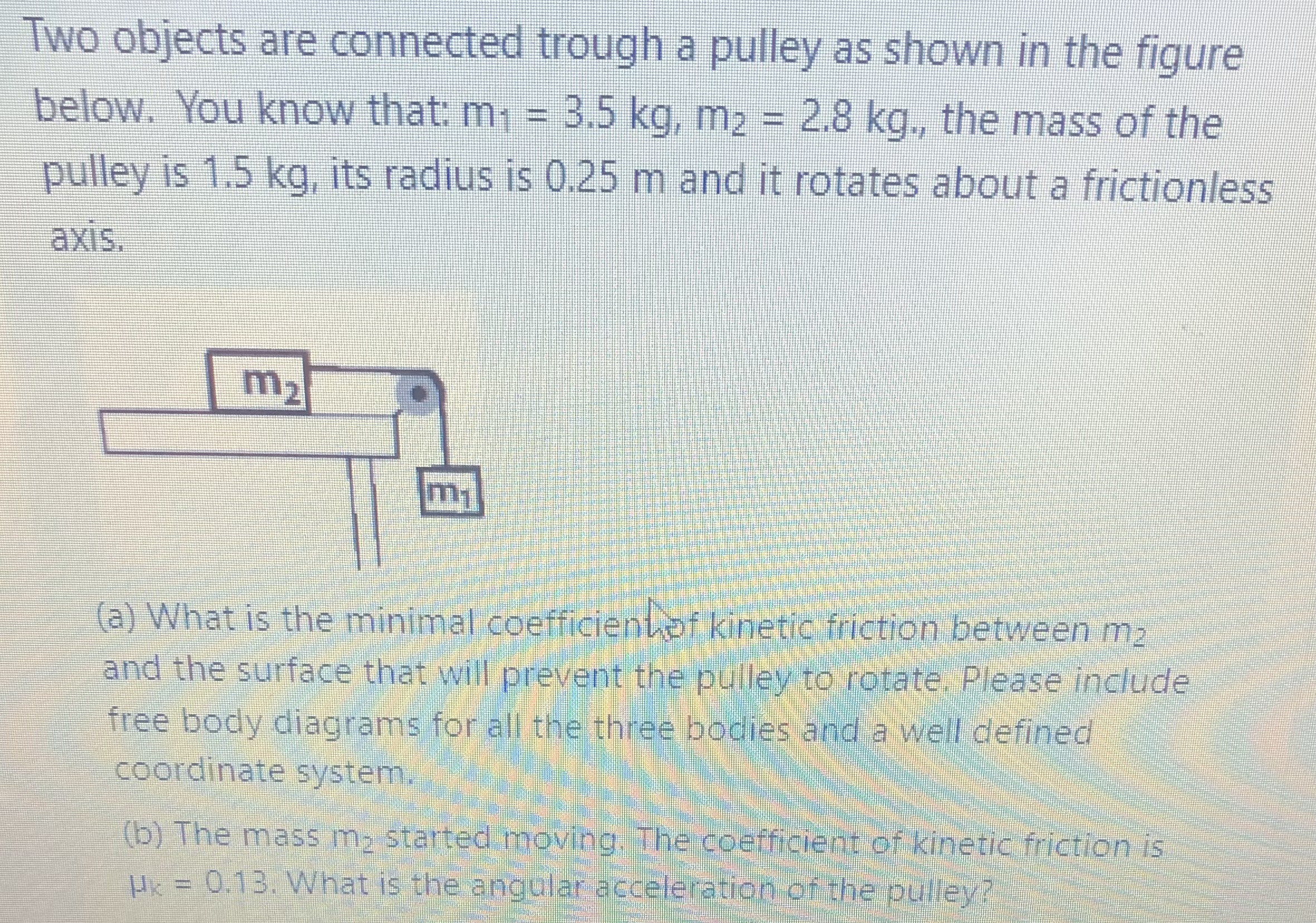 Two objects are connected trough a pulley as shown in the figure
