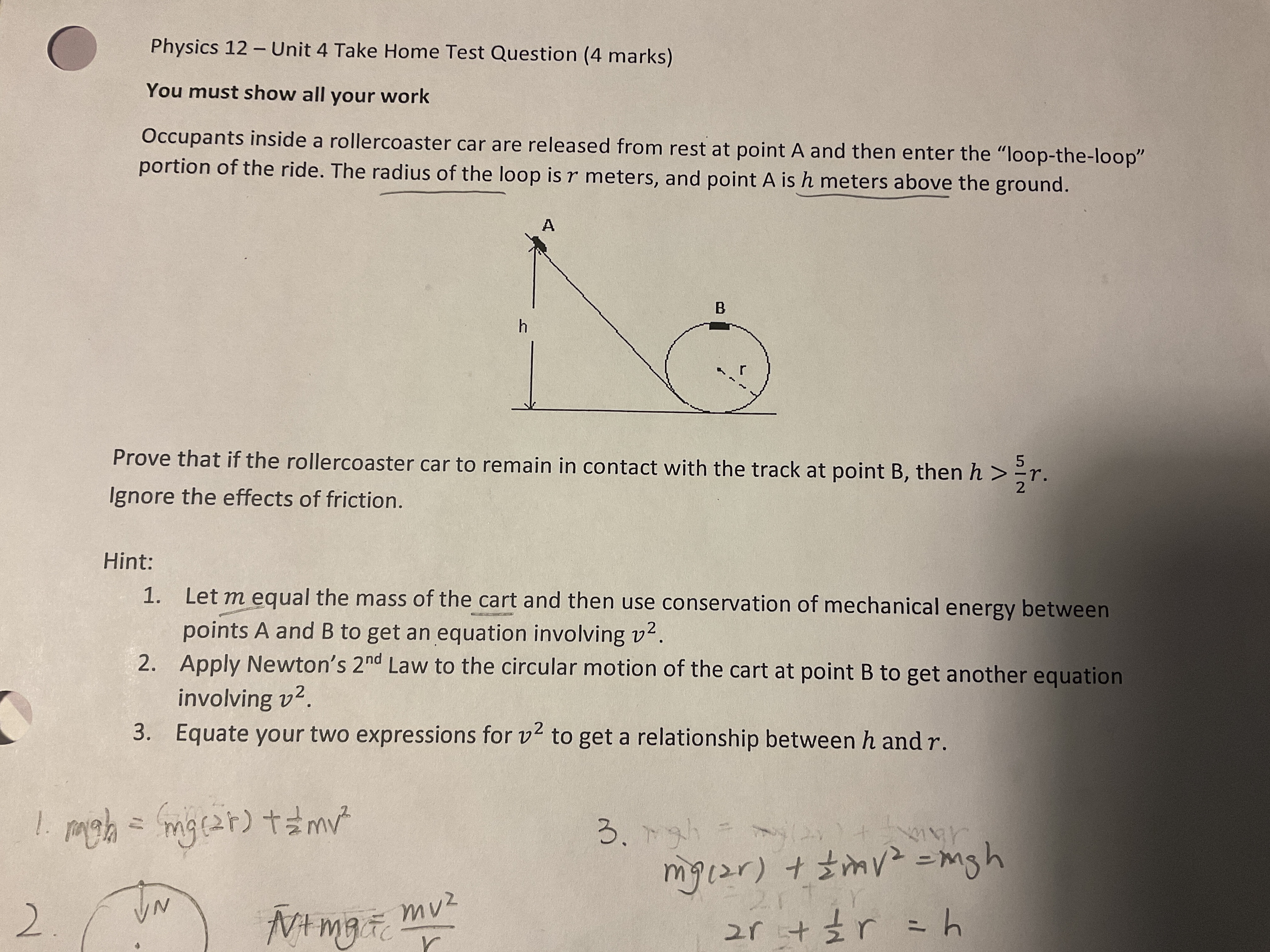 Physics 12 - Unit 4 Take Home Test Question (4 marks)
