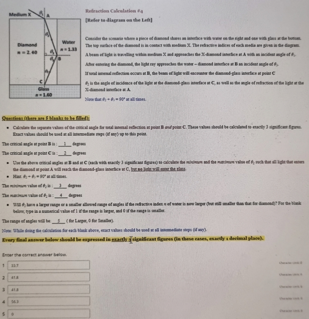 check whether My answers are correct Medium Refraction Calculation #4 [Refer to